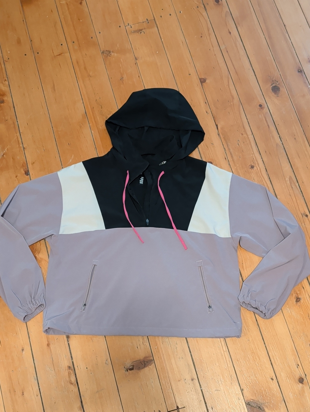 Colorblock Hooded Pullover Jacket - Black, Cream & Mauve